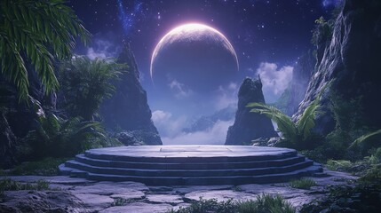 Empty podium amidst an alien jungle, with a distant gas giant planet and glowing stars in the background 