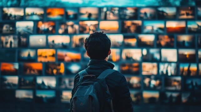 Person Facing Wall of Screens Showing Varied Images