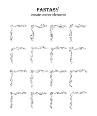 Set of 16 hand drawn calligraphic corner elements. Editable retro designs, frame constructor