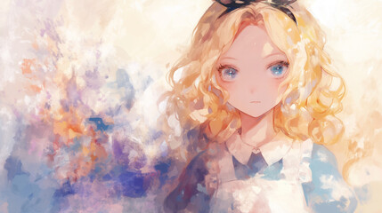 水彩タッチのアリスイラスト ふんわりとしたドレスと広がる幻想世界 夢のような構図