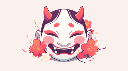 Colorful illustration of a smiling demon mask adorned with cherry blossoms on a soft background