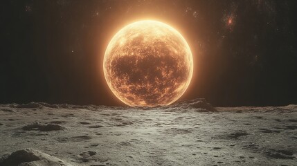 Empty podium on a rocky, cratered alien moon, with a giant, glowing planet filling the horizon above 