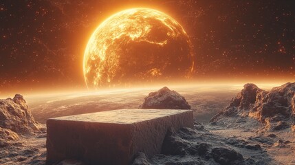 Empty podium on a rocky, cratered alien moon, with a giant, glowing planet filling the horizon above 