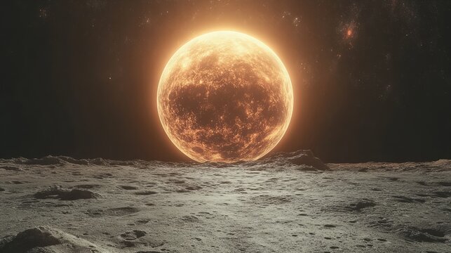 Empty podium on a rocky, cratered alien moon, with a giant, glowing planet filling the horizon above 