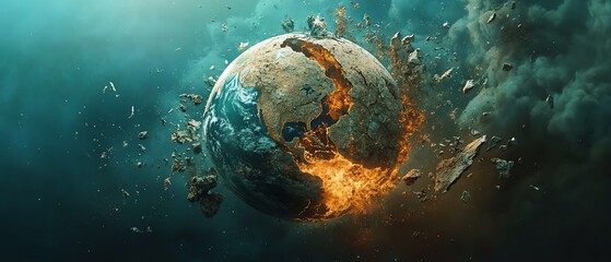 A fragmented Earth with broken continents and jagged edges, showcasing the metaphor of global crises and destruction
