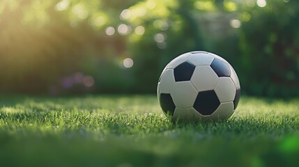 Naklejka premium Soccer ball on grass lawn. Outdoor activity.