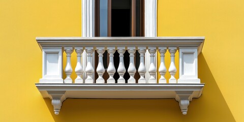 This image showcases a beautiful white balcony set against a vivid yellow wall, creating a perfect blend of elegance and bold color that is truly captivating.