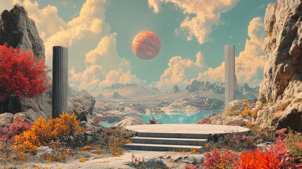 Empty podium surrounded by alien flora and strange landscapes, with a distant colorful planet hanging in the sky 