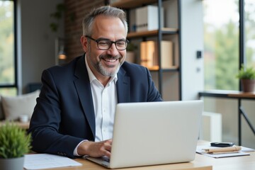 Confident Middle-Aged Man in Business Attire Smiling at Laptop in Modern Office Space with Plants and Natural Lighting