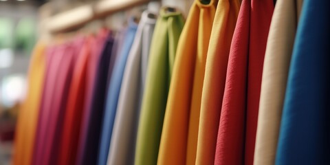 Rows of colorful fabric rolls line a shop, showcasing a variety of textures and hues that inspire creativity and fashion, ideal for textile or design themes.