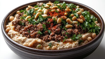 Delicious Hummus Bowl with Meat Pine Nuts and Parsley.
