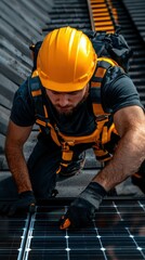 Technician Installing Solar Panels on Roof Top for Sustainable Energy Solution and Residential Power Generation