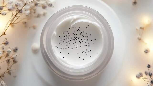 Elegant flat lay of an open jar of skincare cream with black exfoliating beads, surrounded by delicate dried flowers and soft glowing fairy lights. The composition highlights a sense of natural beauty