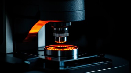 Digital Microscope Examining Glowing Sample with Advanced Optics and Imaging Capabilities