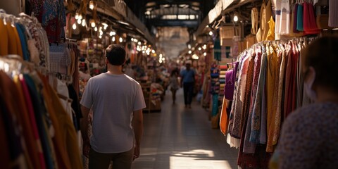 Obraz premium An inviting indoor market scene bustling with shoppers highlights vibrant stalls adorned with colorful textiles, representing local culture and a rich shopping experience.