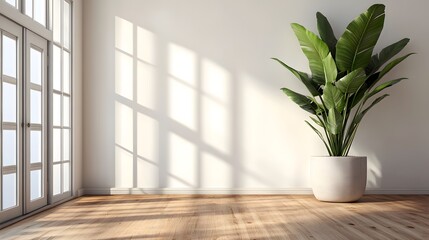Modern Large Living Room Interior with Bright Natural Light and Lush Green Plant