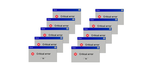 Critical error message old windows. Retro interface popup vector illustration
