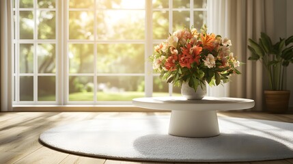 Bright and Airy Living Room Bathed in Natural Light Featuring a Coffee Table and Floral Arrangement
