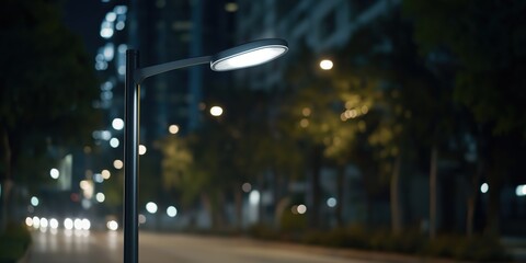 A sleek, modern street lamp casts a warm glow on an empty urban road, highlighting the serene ambiance of a quiet city evening with hints of distant traffic.