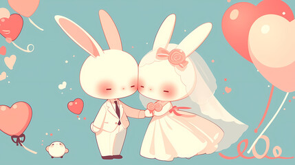 Obraz premium Cute cartoon bunnies dressed for a wedding, surrounded by hearts and balloons in a whimsical setting