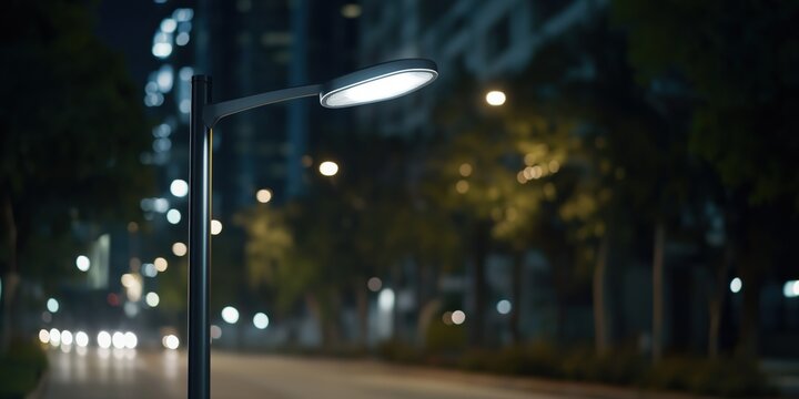 A sleek, modern street lamp casts a warm glow on an empty urban road, highlighting the serene ambiance of a quiet city evening with hints of distant traffic.