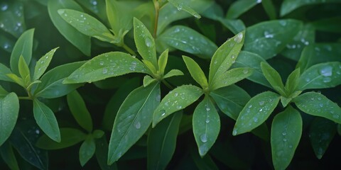 Fototapeta premium A captivating close-up of fresh green leaves adorned with delicate dewdrops, emphasizing the beauty of nature and the freshness of new beginnings.