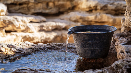 Refreshing Drops: Jacob's Well Bucket Pours Life onto Sun-Baked Limestone, Serene Copy Space