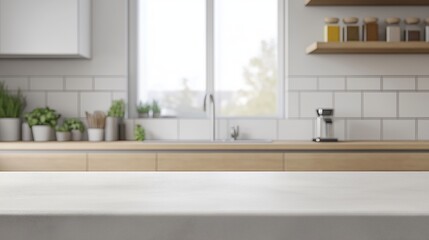 product display image of a light beige wooden table top,  slightly blurred,Kitchen with light gray tile backsplash,