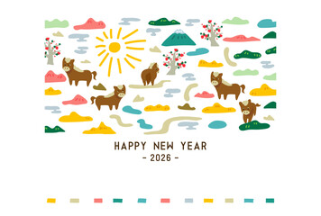 彩り豊かな梅と山とお馬の年賀状テンプレート