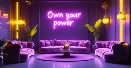 Neon sign own your power cyber violet yellow glowing inside luxurious lounge softly illuminating plush velvet seats golden decor