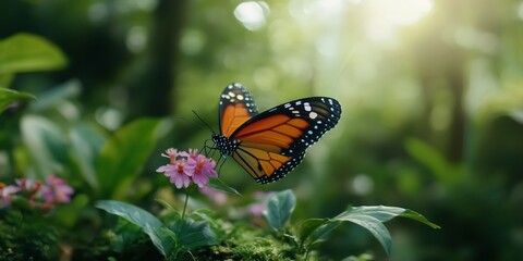 Obraz premium A stunning monarch butterfly gracefully perched on a colorful flower, symbolizing beauty, transformation, and the delicate balance of nature in a serene environment.