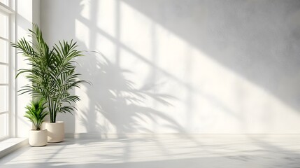 Serene Minimalist Interior Bathed in Warm Glow of Natural Sunlight with Lush Green Plants and Soft Shadows