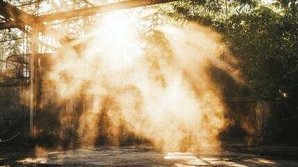 Captivating Sunlight Illuminating Dust Particles in a Forest Setting
