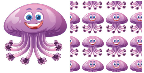 Happy Purple Jellyfish Seamless Pattern Illustration
