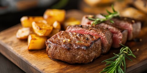This captivating image features succulent grilled filet mignon served with golden, oven-roasted potatoes garnished with fresh rosemary for an exquisite dining experience.