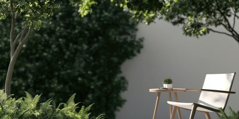 A peaceful outdoor scene featuring a stylish chair next to a small table surrounded by lush greenery, creating an inviting space for relaxation and contemplation.