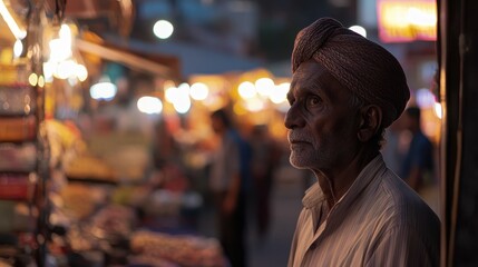 Obraz premium Elderly Man in Traditional Attire Contemplating Market Scene at Night