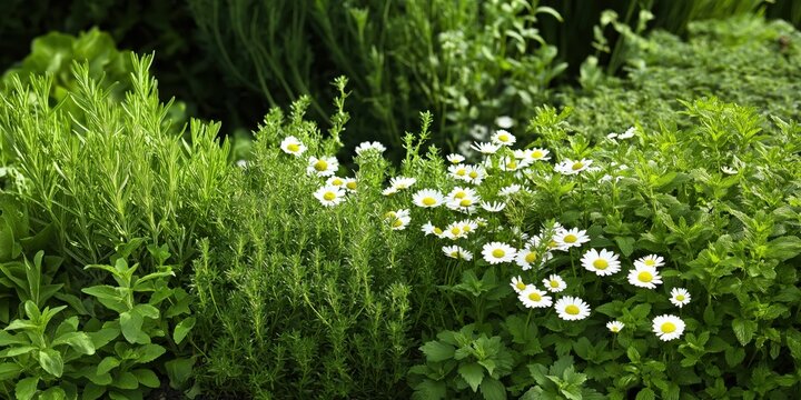 A lush herb garden teeming with vibrant greenery and blooming daisies, capturing the beauty of nature and the essence of gardening in full bloom.