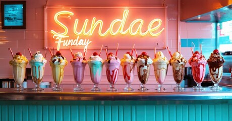 Neon sign sundae funday pastel peach soft aqua casting reflections retro diner counter filled milkshakes ice cream sundaes