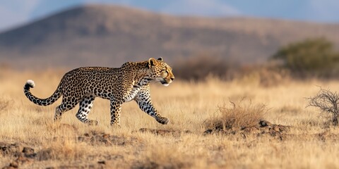 A fierce leopard walks confidently across a golden savanna, embodying the wild spirit of Africa while blending seamlessly into the dry grass environment.