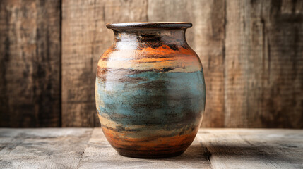 Desert Patina: Rustic Manna Jar on Kiln-Fired Pottery Against Serene Wilderness Background