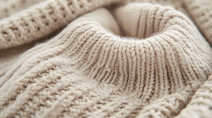 A cozy turtleneck sweater in a neutral tone, elegantly folded to highlight its thick knit texture