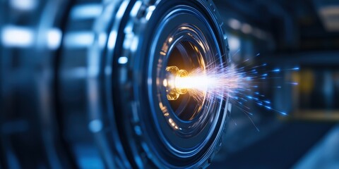 An intricate close-up view of an industrial mechanism with sparks and glowing elements, showcasing advanced technology and the dynamic interactions within modern machinery.