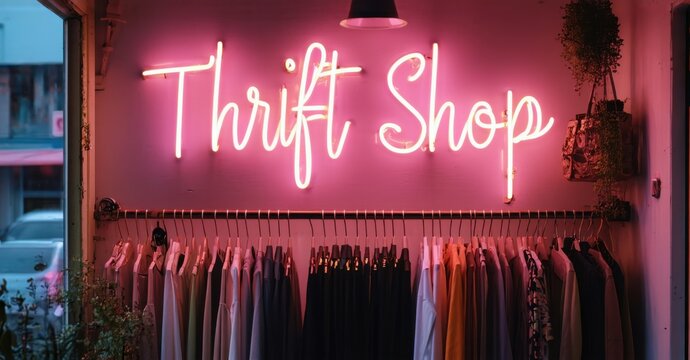 Naklejki Neon sign thrift shop green muted pink glowing vintage boutique softly illuminating racks filled second hand treasures
