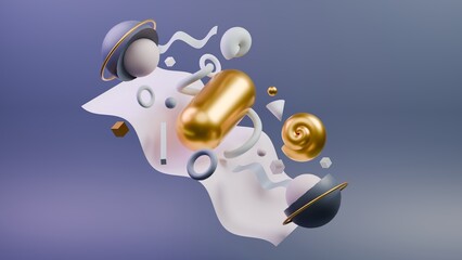 Abstract 3D Illustration of simple shapes floating in open space conveying the initial stages of research planning and brainstorming