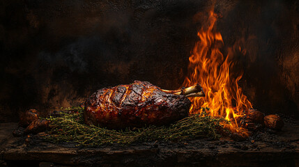 Whole Roasted Passover Lamb on Bitter Herbs: A Textured Clay Oven Backdrop with Open Space