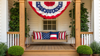 4th of July Party. Charming porch decorated with patriotic colors and cozy seating.