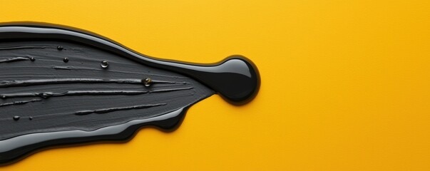 Obraz premium Abstract Black Fluid Spill on Yellow Surface Background Artistic Liquid Design with Droplets