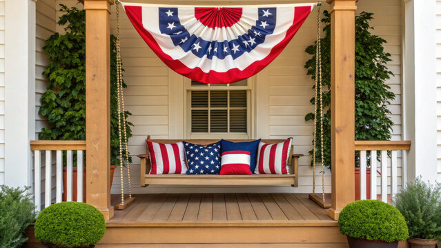 4th of July Party. Charming porch decorated with patriotic colors and cozy seating.