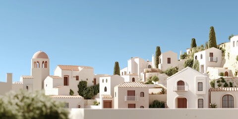Fototapeta premium A charming village with whitewashed buildings set against a bright blue sky, capturing the essence of simplicity and beauty in architecture and community.